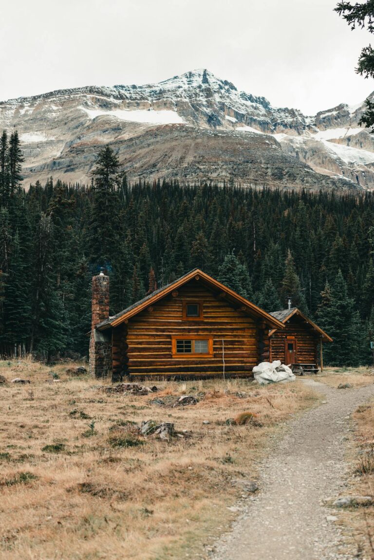 Charming wooden cabin amidst Canadian Rockies, perfect for a serene getaway.